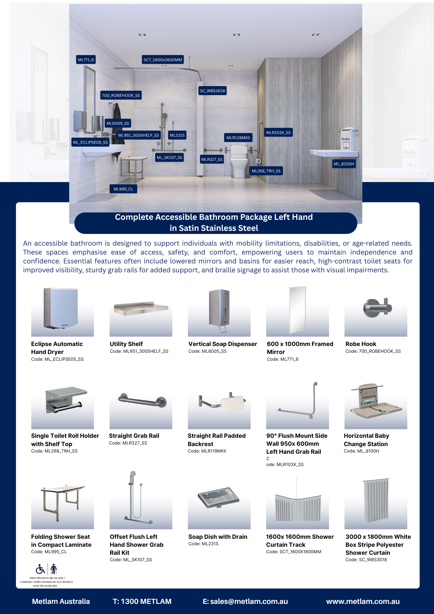 Complete Accessible Bathroom Package Left Hand in Satin Stainless Steel